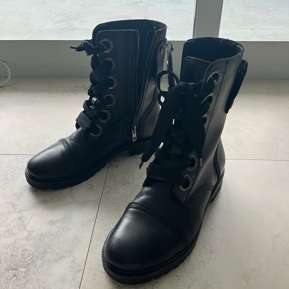 Zadig and Voltaire Black Leather combat boots with silver hardware.